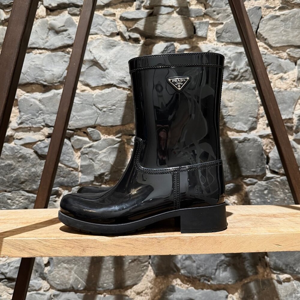 Prada Black Enamel Triangle Mid-Calf Rain Boots - Picture 7 of 14